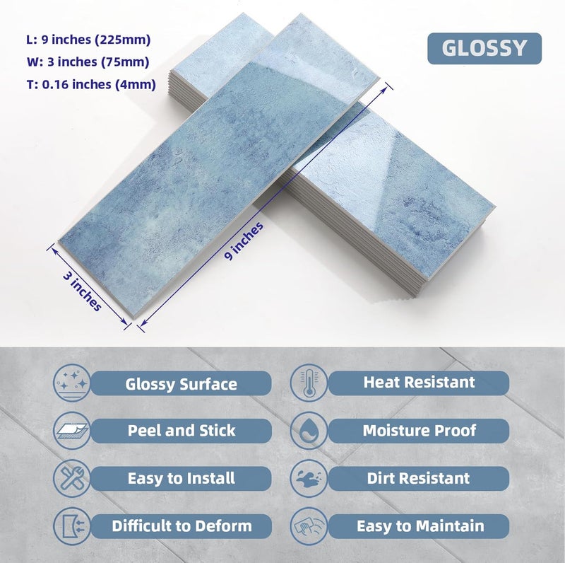 Tilingview 30 PCS Peel and Stick Backsplash Tile for Kitchen/Bathroom/Living Room, 3"x 9" Self-Adhesive Subway Tile for Backsplash, Imitation Glazed Tiles/Handmade Tiles (Glossy Sky Blue) - Image 2